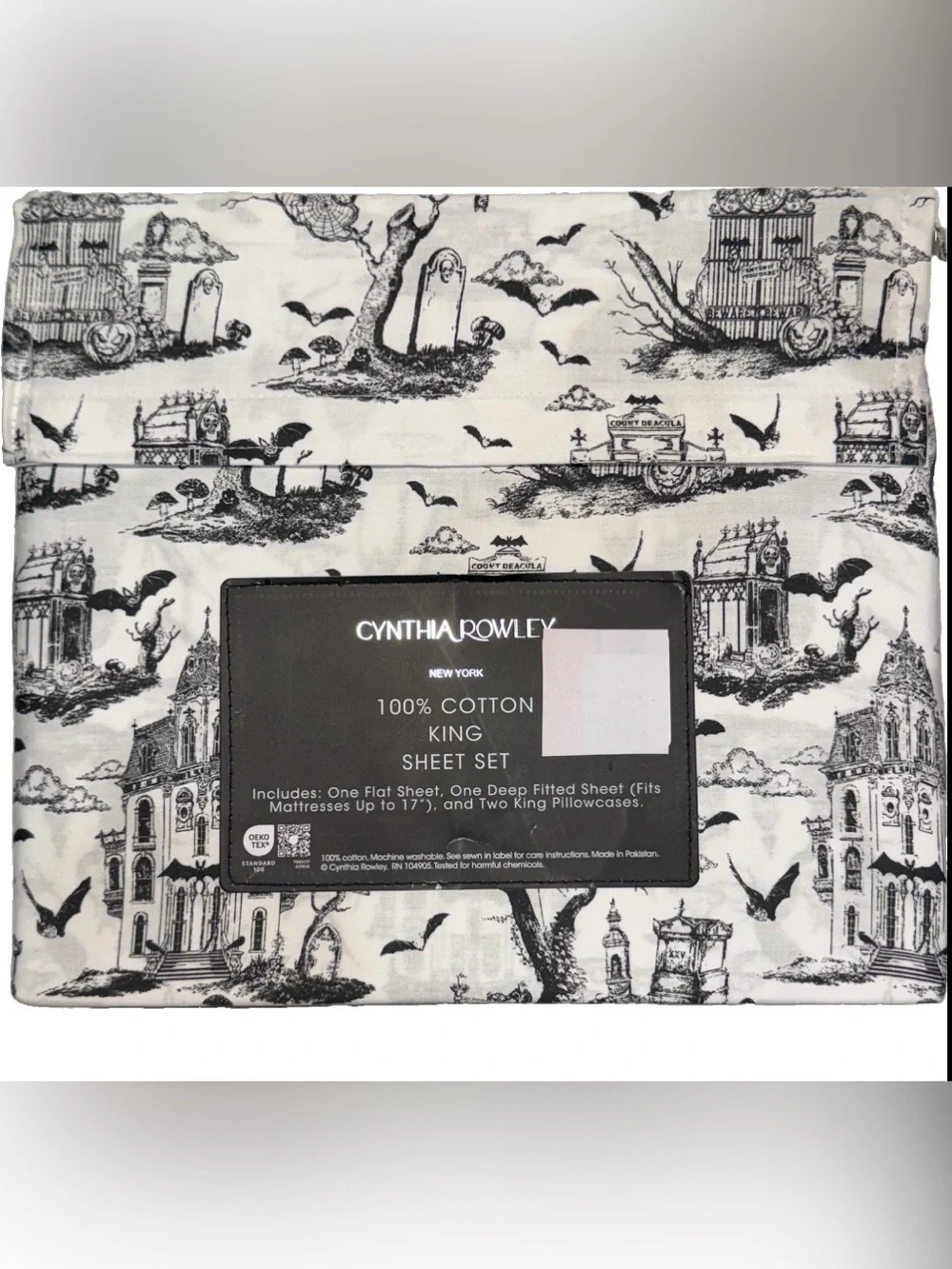 🖤 Cynthia Rowley KING Size Halloween Haunted Toile Black Goth Sheet Set Cemetery
